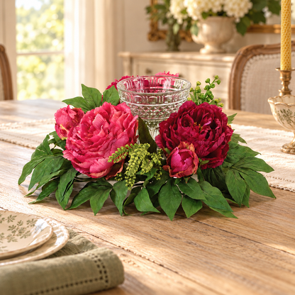 Mixed Peony Candle Holder w/Glass 15"D x 6"H Polyester/Glass in a styled home setting