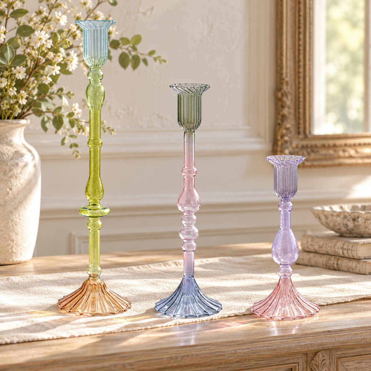 Taper Candle Holder (Set of 3) 7.25"H, 10.25"H, 12.75"H Glass in a styled home setting