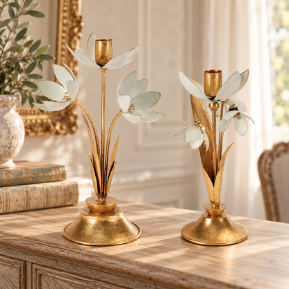 Floral Taper Candle Holders (Set of 2) 9.5"H, 11"H Iron in a styled home setting