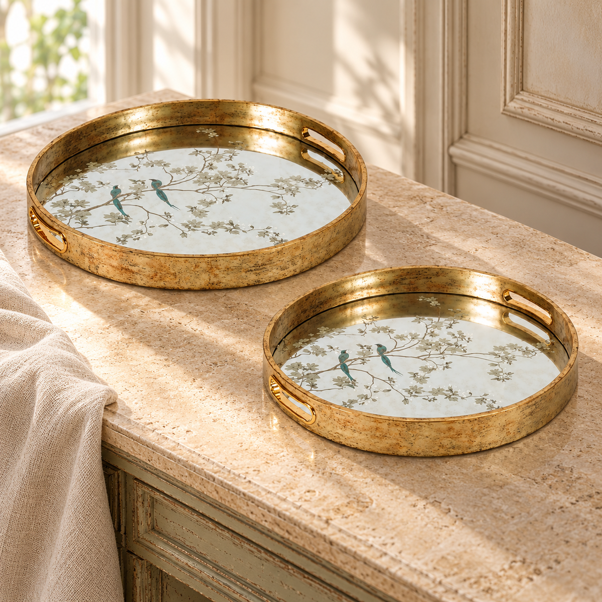 Bird & Floral Mirror Trays, Set of 2 in a styled home setting