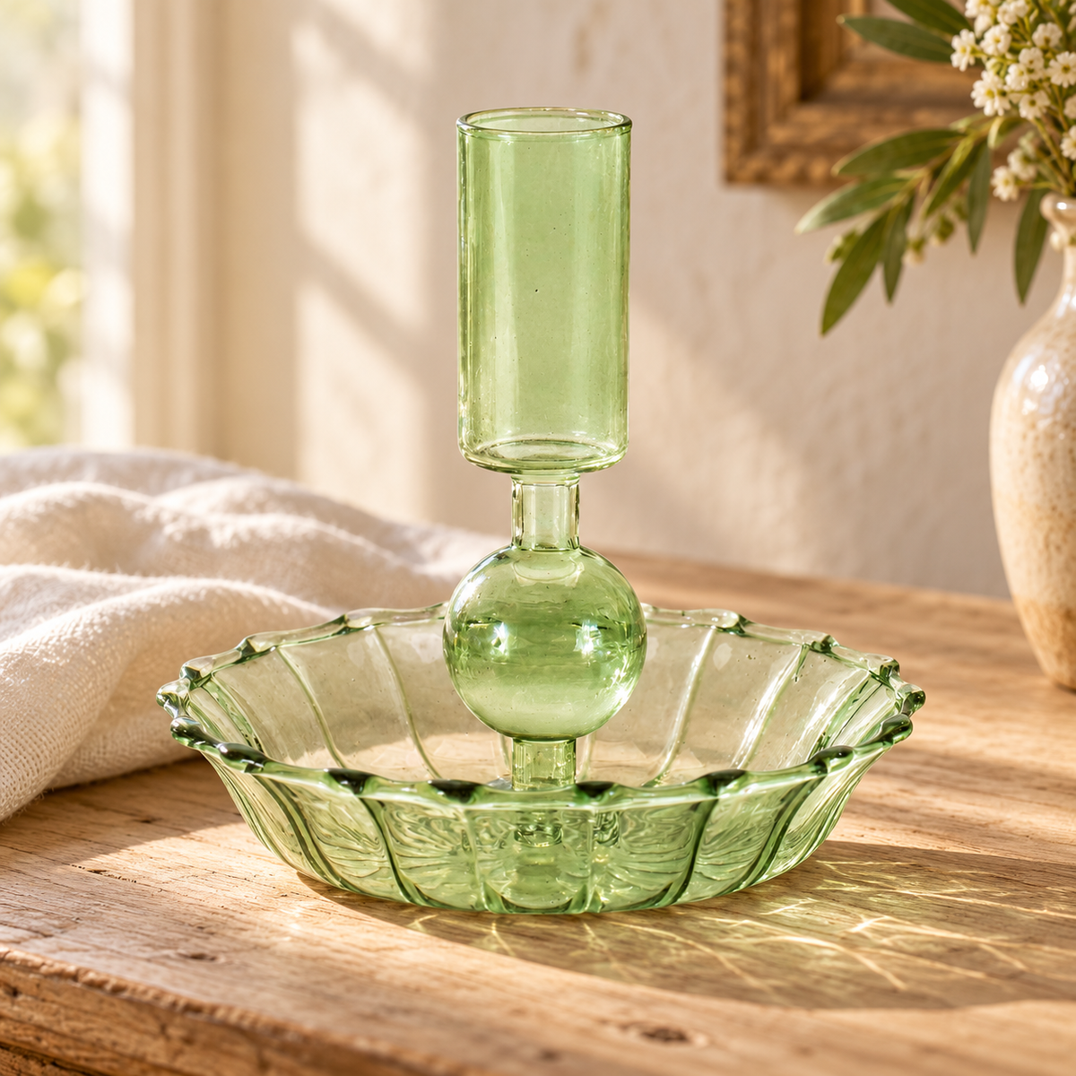 Taper Candle Holder 4.25"H Glass in a styled home setting