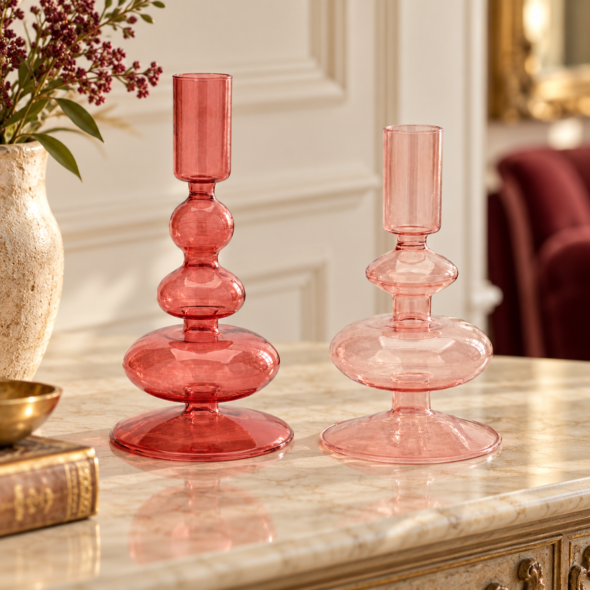 Taper Candle Holder (Set of 2) 5.25"H, 6"H Glass in a styled home setting