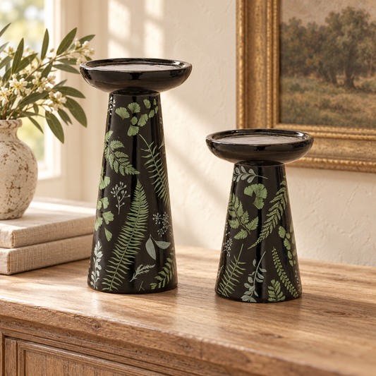 Candle Holder (Set of 2) 7"H, 10"H Terra Cotta in a styled home setting