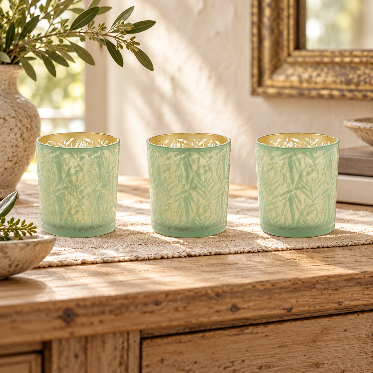 Votive Holder (Set of 3) 3"D x 3.5"H Glass in a styled home setting