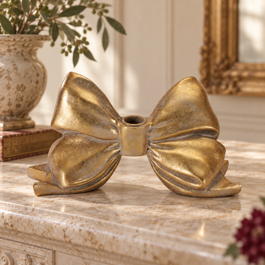 Bow Taper Candle Holder 5"H Resin in a styled home setting