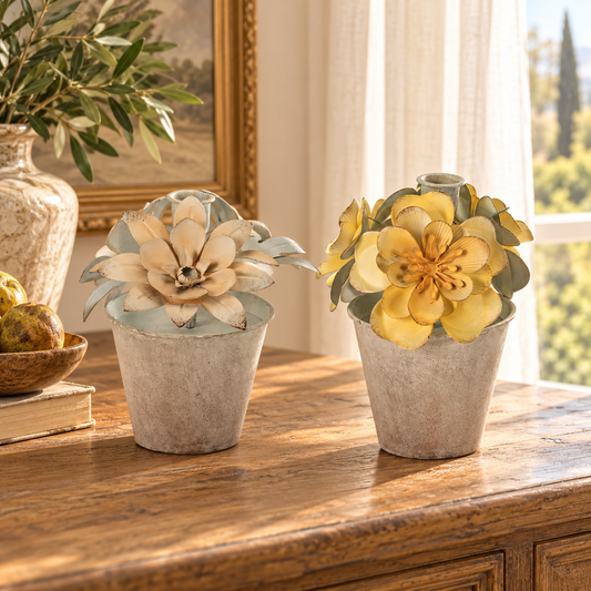 Floral Pot Taper Candle Holder (Set of 2) 7"H Metal in a styled home setting