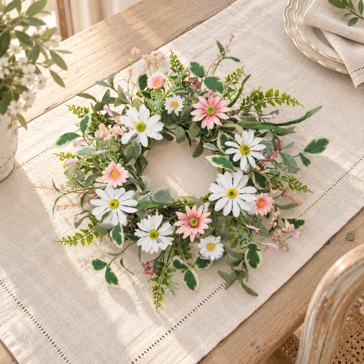 Mixed Daisy Candle Ring 18"D Polyester (Fits a 6" Candle) in a styled home setting