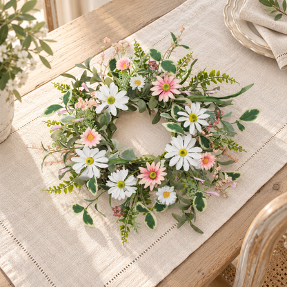 Mixed Daisy Candle Ring 18"D Polyester (Fits a 6" Candle) in a styled home setting
