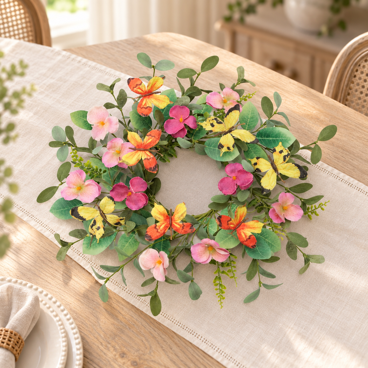 Mixed Pansy/Butterfly Candle Ring 17"D Polyester (Fits a 6" Candle) in a styled home setting