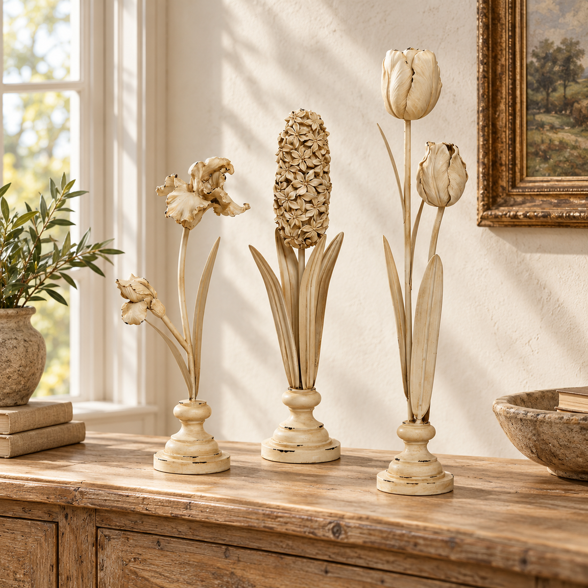 Distressed Ivory Floral Stem Sculpture (Set of 3) in a styled home setting