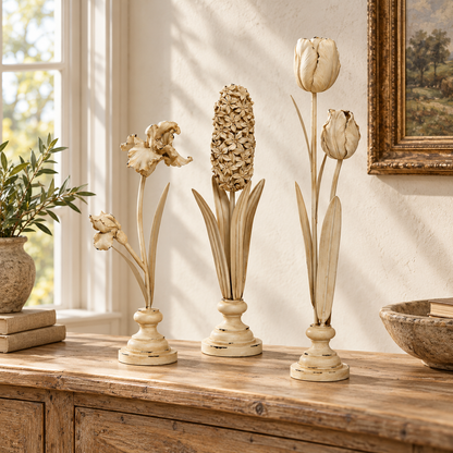 Distressed Ivory Floral Stem Sculpture (Set of 3) in a styled home setting