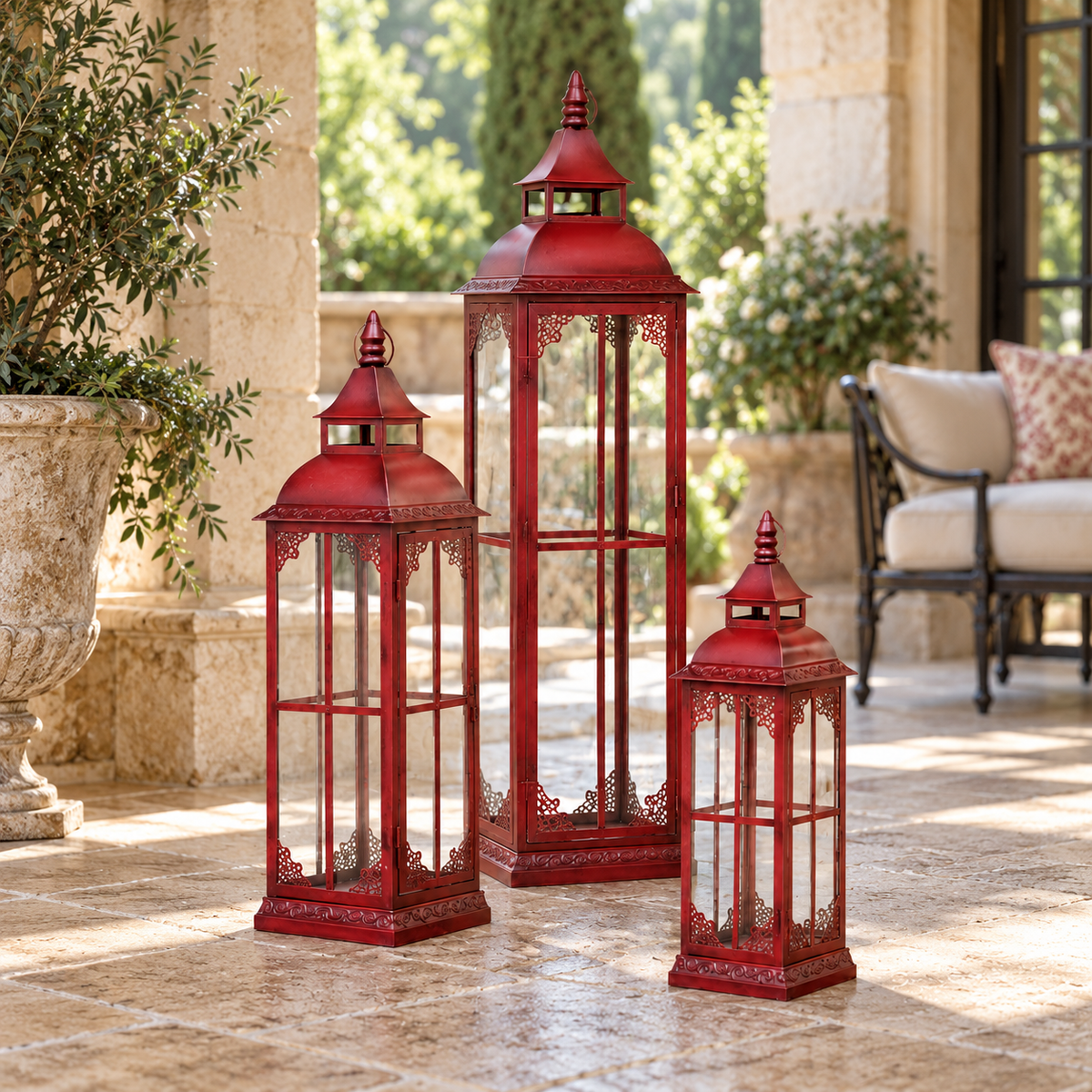 Ornamental Metal Floor Lantern (Set of 3) in a styled home setting