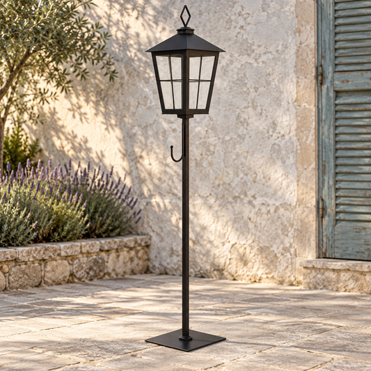 Metal Lantern Post with Wreath Holder 43.25"H in a styled home setting