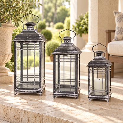 Traditional Grey Metal Lantern (Set of 3) in a styled home setting
