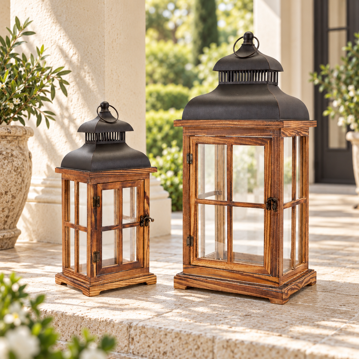 Rustic Wood and Metal Lantern (Set of 2) in a styled home setting