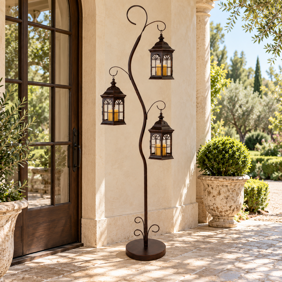 Whimsical Metal Lantern Tree with 3 Candle Holders 6'H in a styled home setting