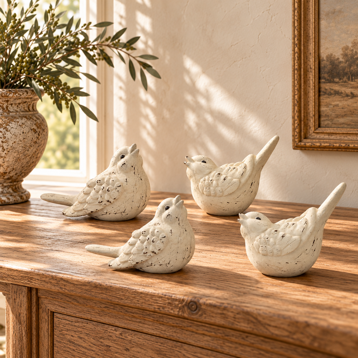 Ivory Terra Cotta Bird Figurine (Set of 4) in a styled home setting