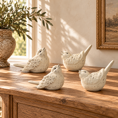 Ivory Terra Cotta Bird Figurine (Set of 4)