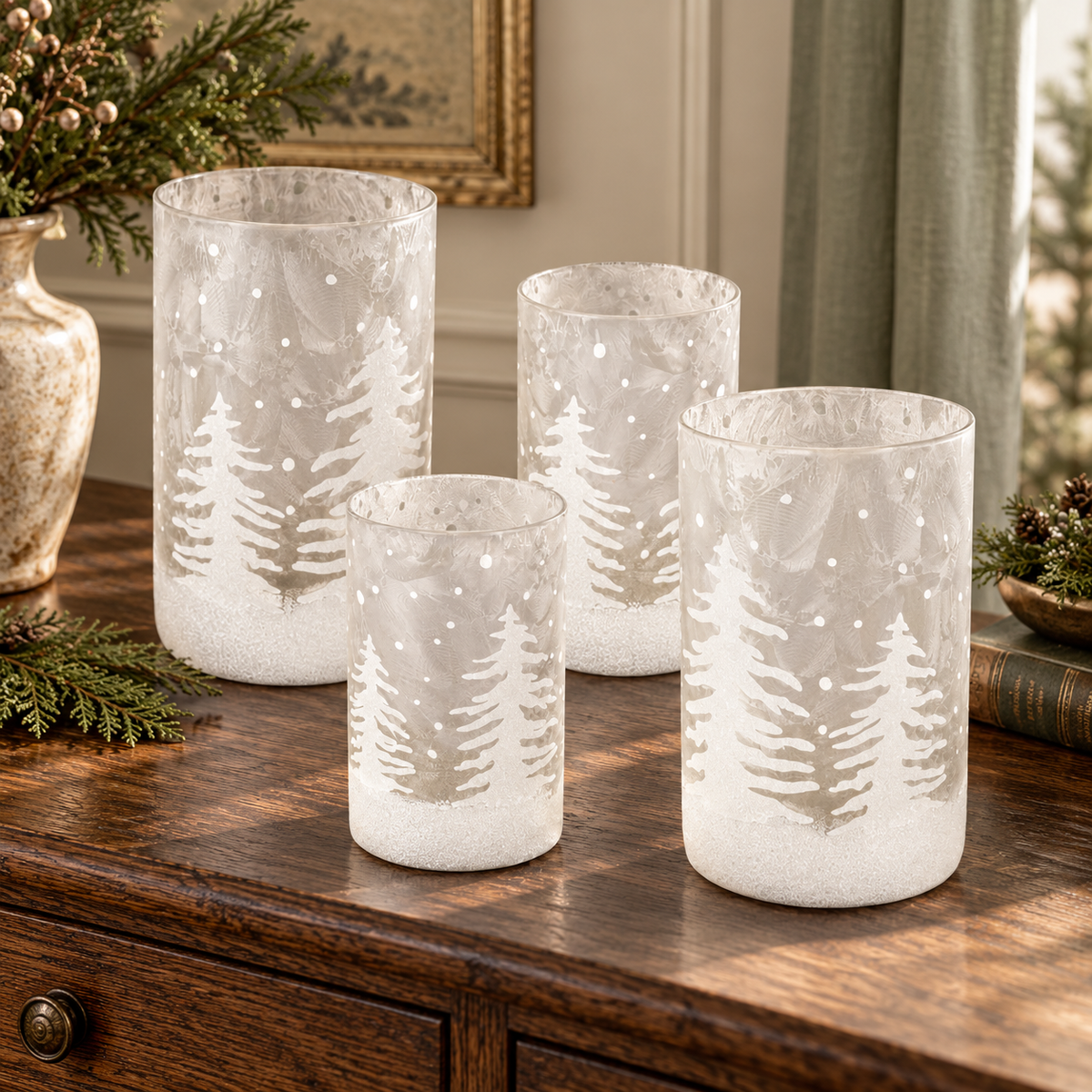 Frosted Votive Candle Holder with Snowy Forest (Set of 4) in a styled home setting