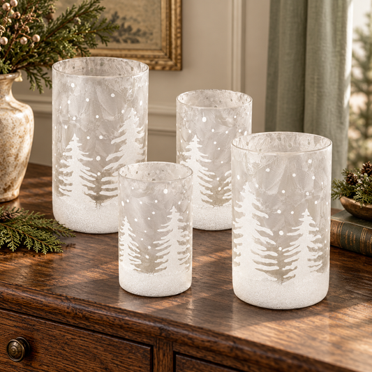 Frosted Votive Candle Holder with Snowy Forest (Set of 4) in a styled home setting