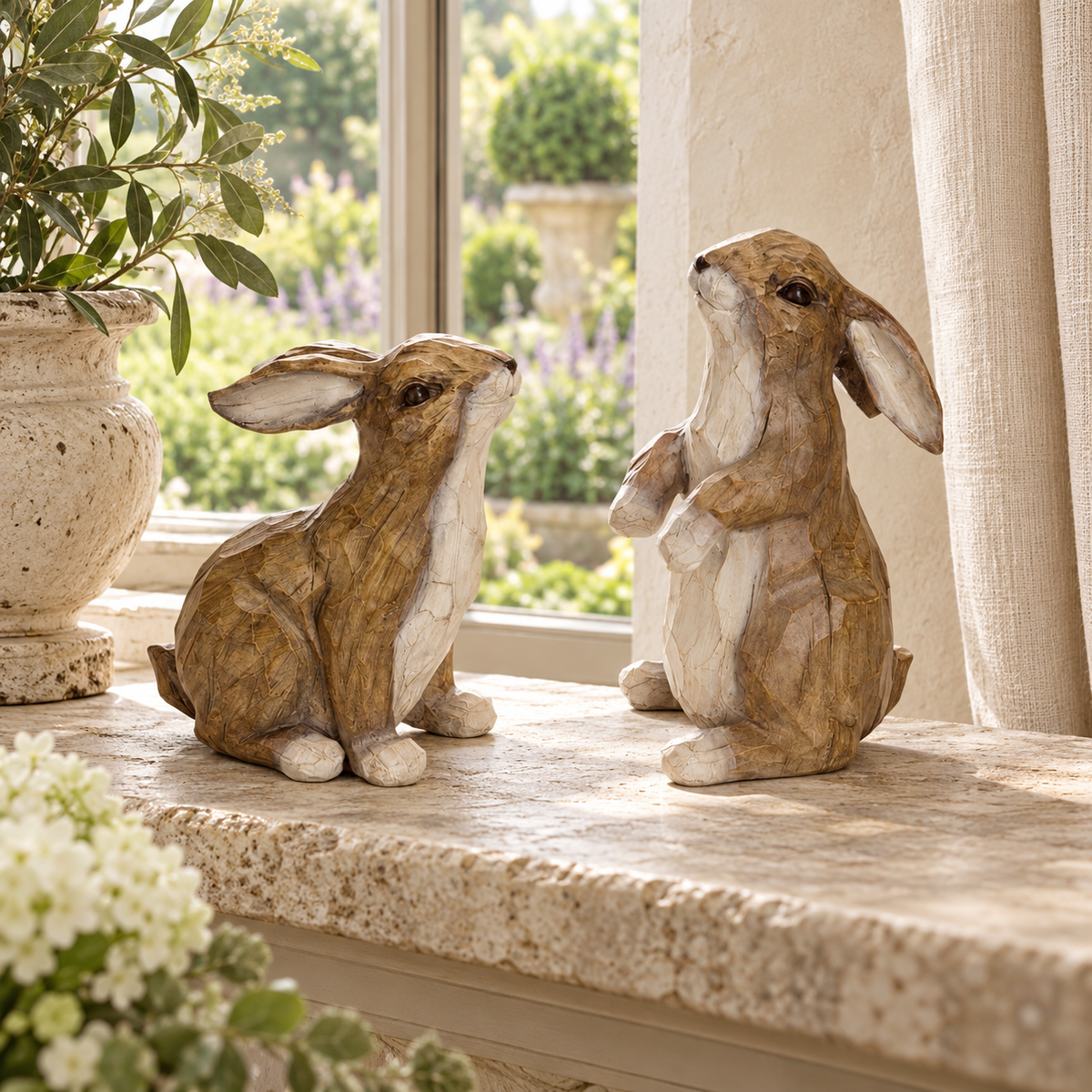 Carved Stone Garden Rabbit Figurine (Set of 2) in a styled home setting