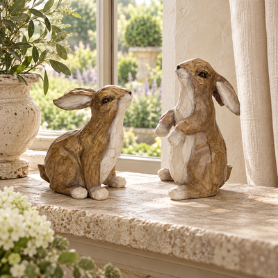 Carved Stone Garden Rabbit Figurine (Set of 2)
