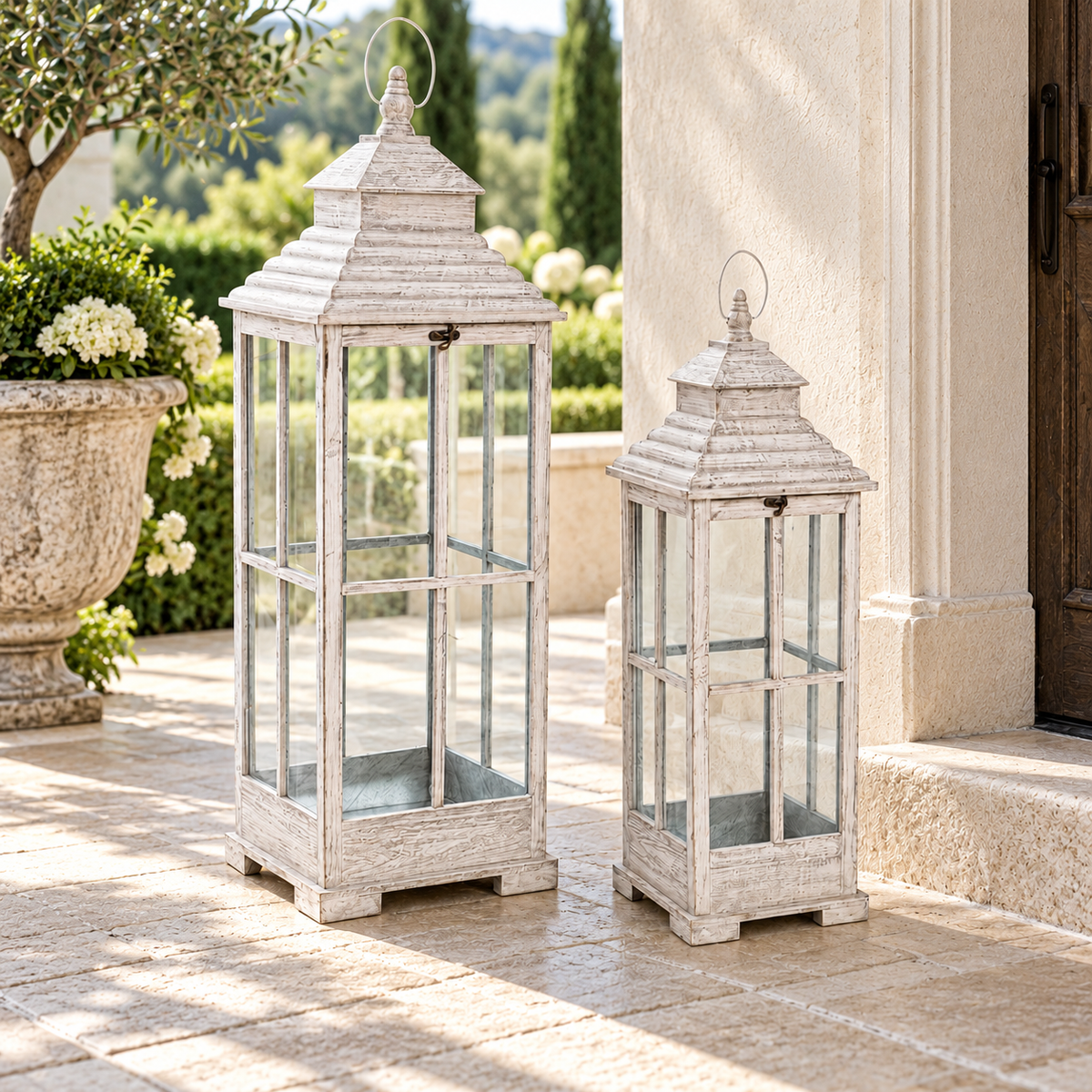 Traditional White Wooden Floor Lantern (Set of 2) in a styled home setting