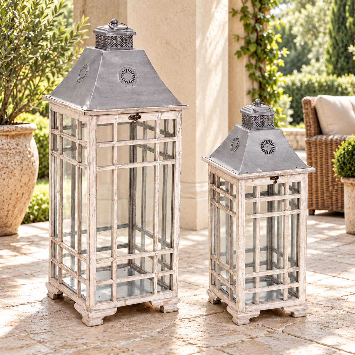Traditional Farmhouse Lantern with Metal Lid (Set of 2) in a styled home setting