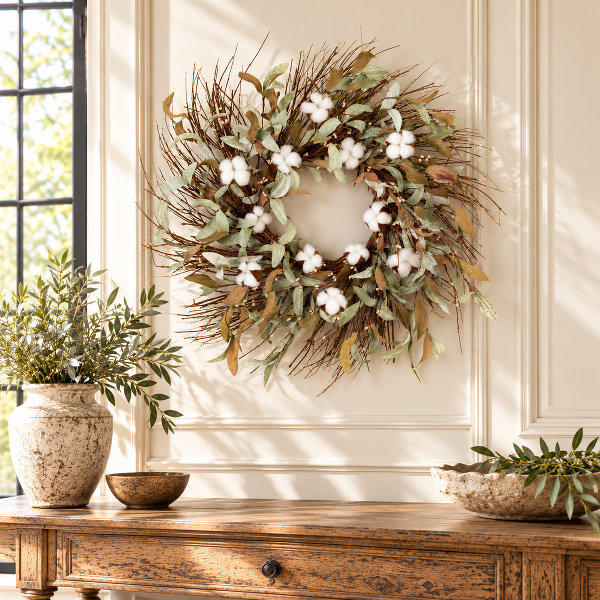 Cotton and Leaf Twig Wreath 28"D in a styled home setting