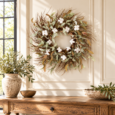 Cotton and Leaf Twig Wreath 28"D