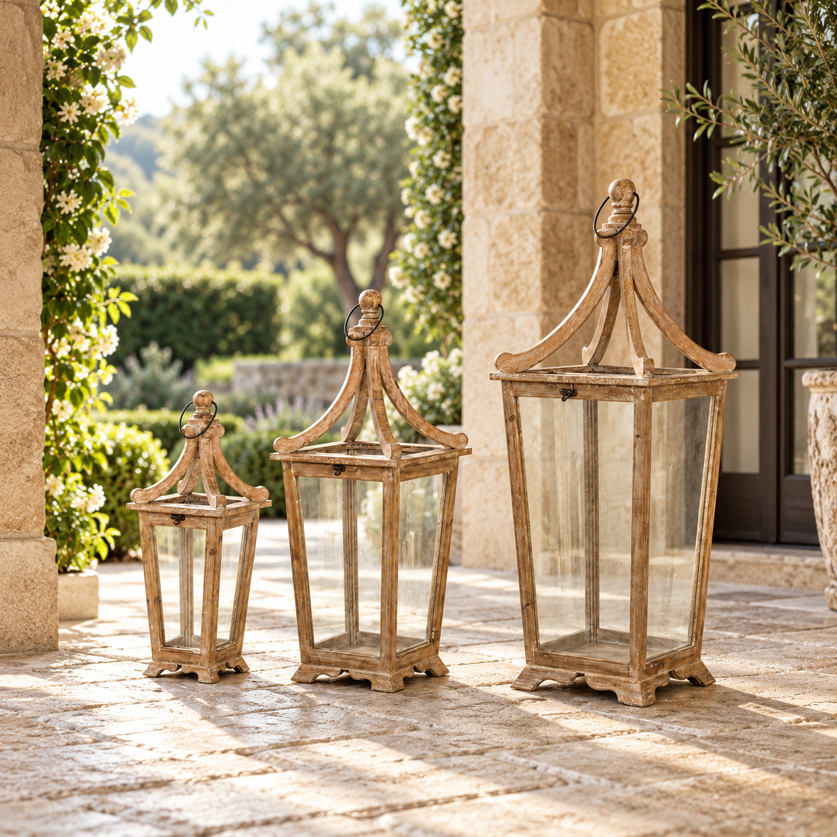 Tapered Wooden Floor Lantern (Set of 3) in a styled home setting