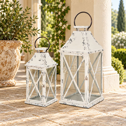 Farmhouse Distressed Metal Lantern (Set of 2) in a styled home setting