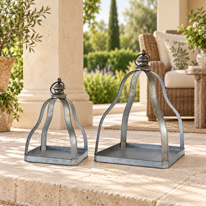 Galvanized Metal Lantern with Open Design (Set of 2) in a styled home setting