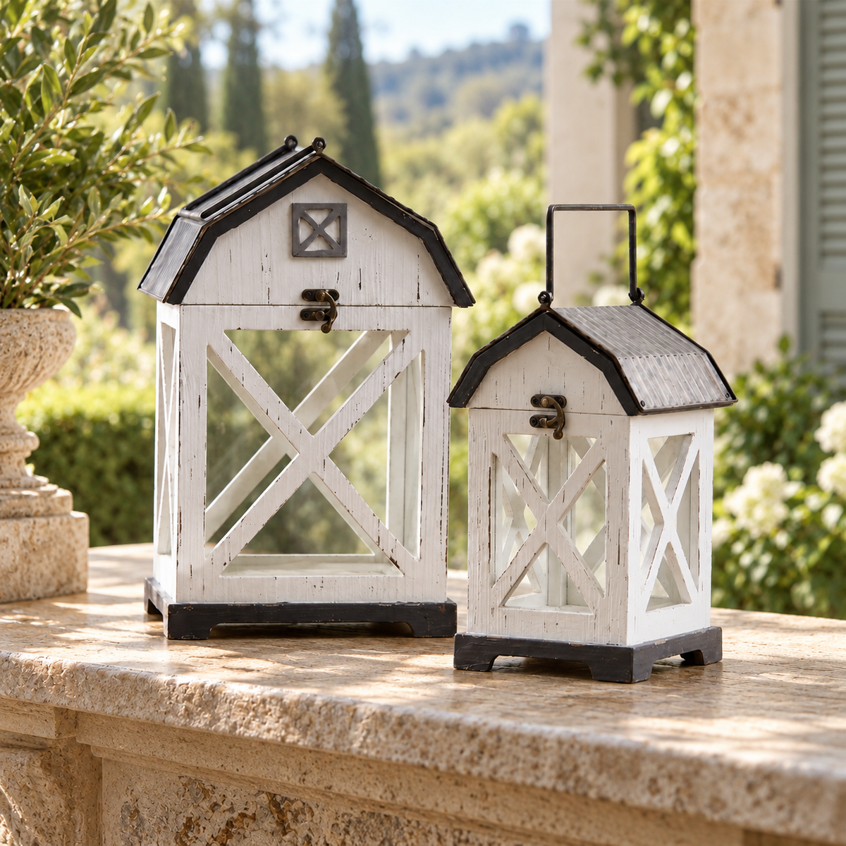 Distressed White Wood Barn Style Lantern (Set of 2) in a styled home setting