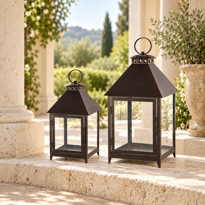Footed Iron Metal Lantern (Set of 2) in a styled home setting