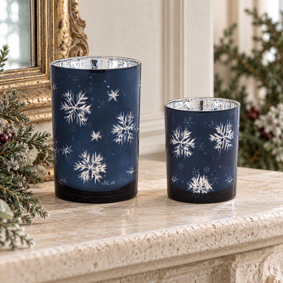 Frosted Votive Candle Holder with Snowflake Design (Set of 2) in a styled home setting