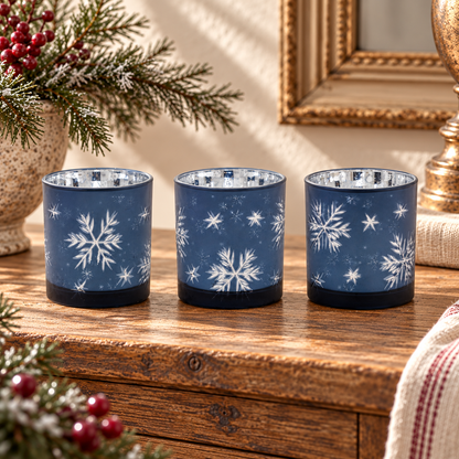 Frosted Votive Candle Holder with Snowflake Design (Set of 3) in a styled home setting