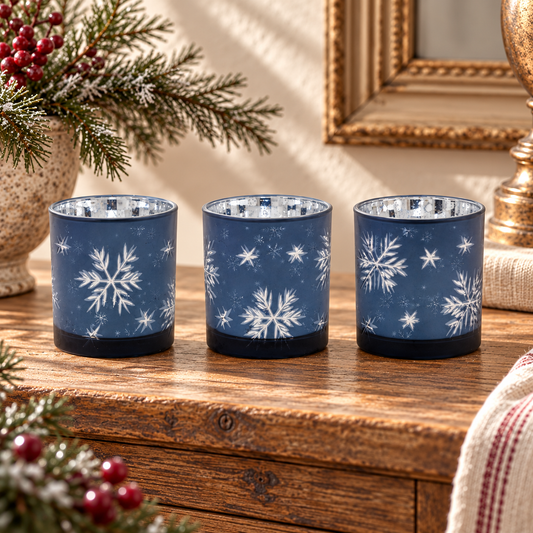 Frosted Votive Candle Holder with Snowflake Design (Set of 3) in a styled home setting