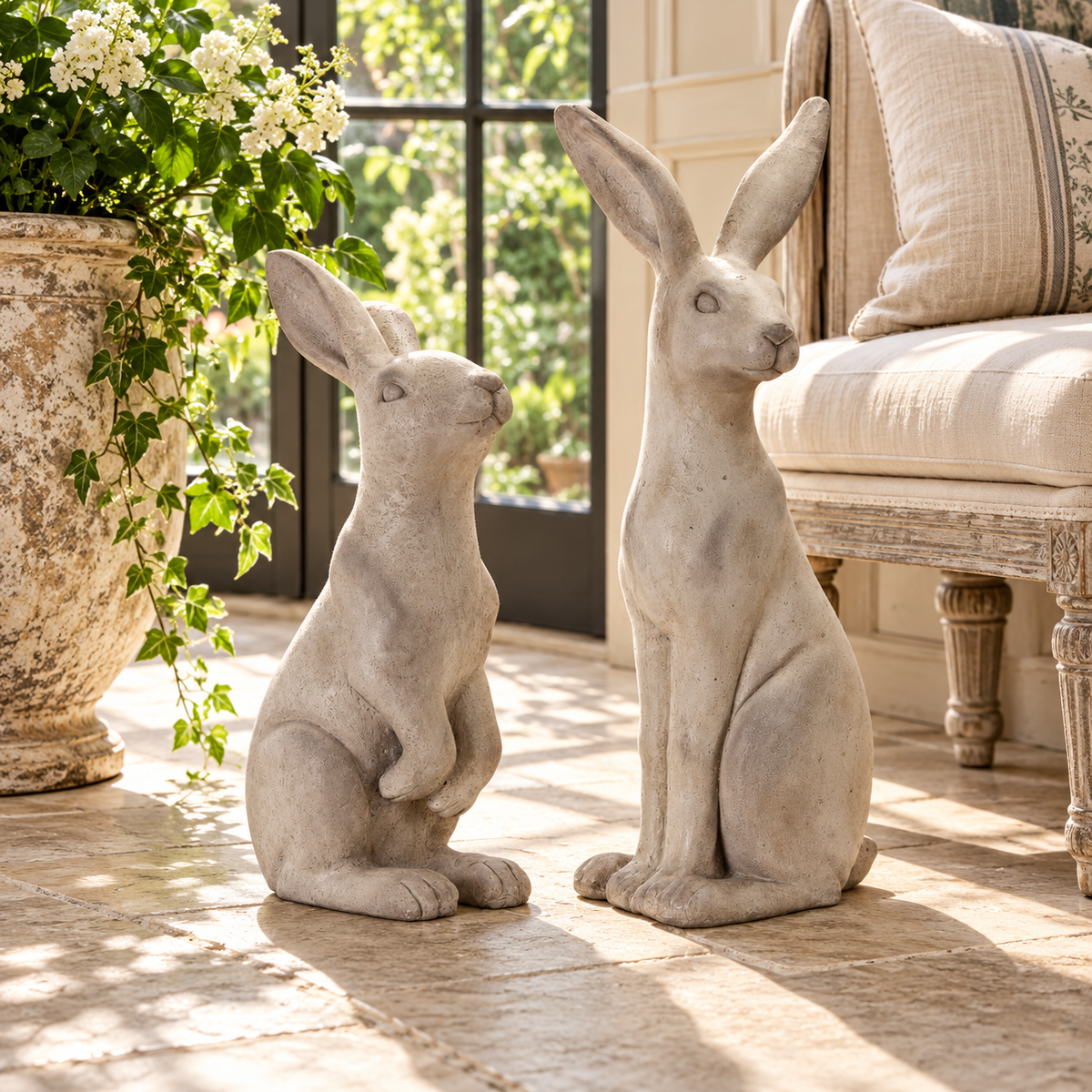 Natural Stone Sitting Rabbit Statue (Set of 2) in a styled home setting