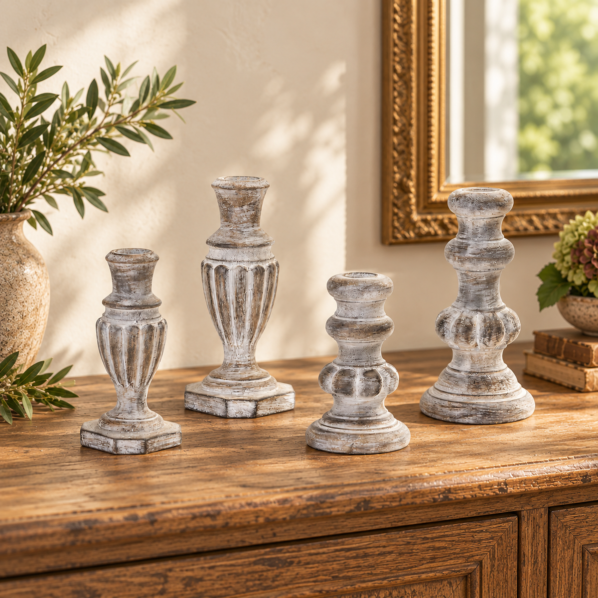 White Washed Stone Candle Holder (Set of 4) in a styled home setting