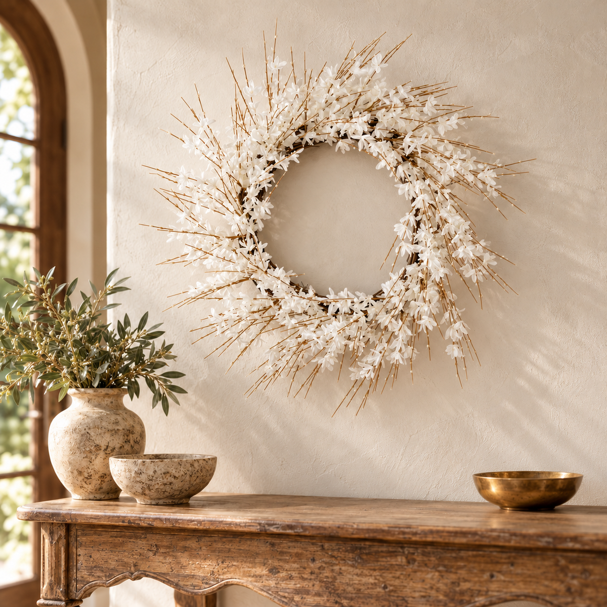 Blossom Floral Wreath 25"D in a styled home setting