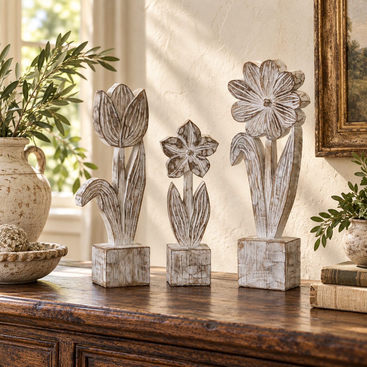 White Washed Potted Floral Sculpture (Set of 3) in a styled home setting