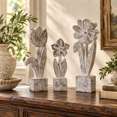 White Washed Potted Floral Sculpture (Set of 3)