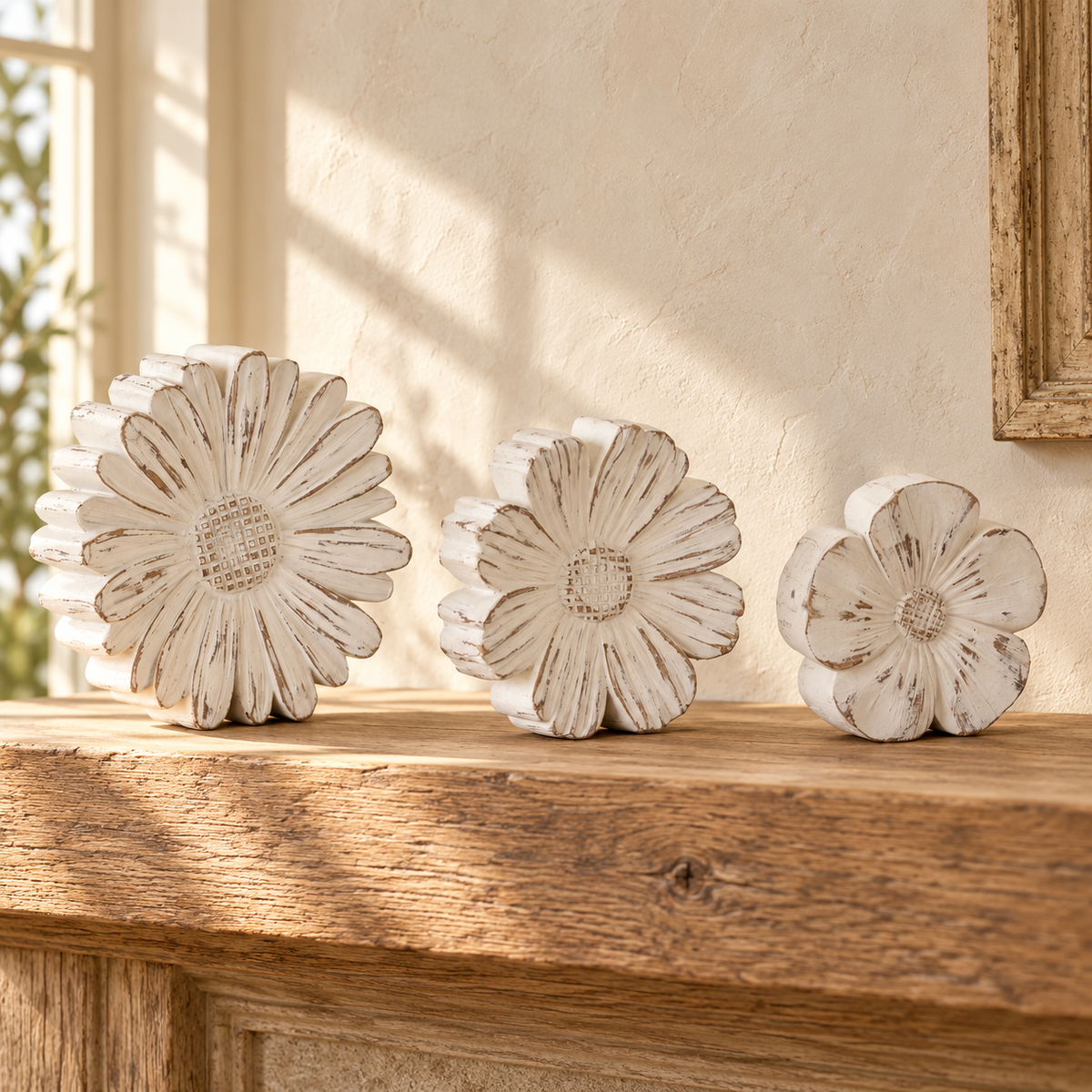 White Washed Stone Flower Decor (Set of 3) in a styled home setting