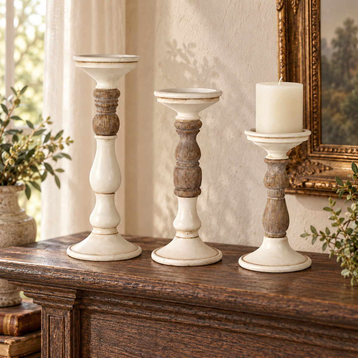 Ivory Candle Holder with Wood Accent (Set of 3) in a styled home setting
