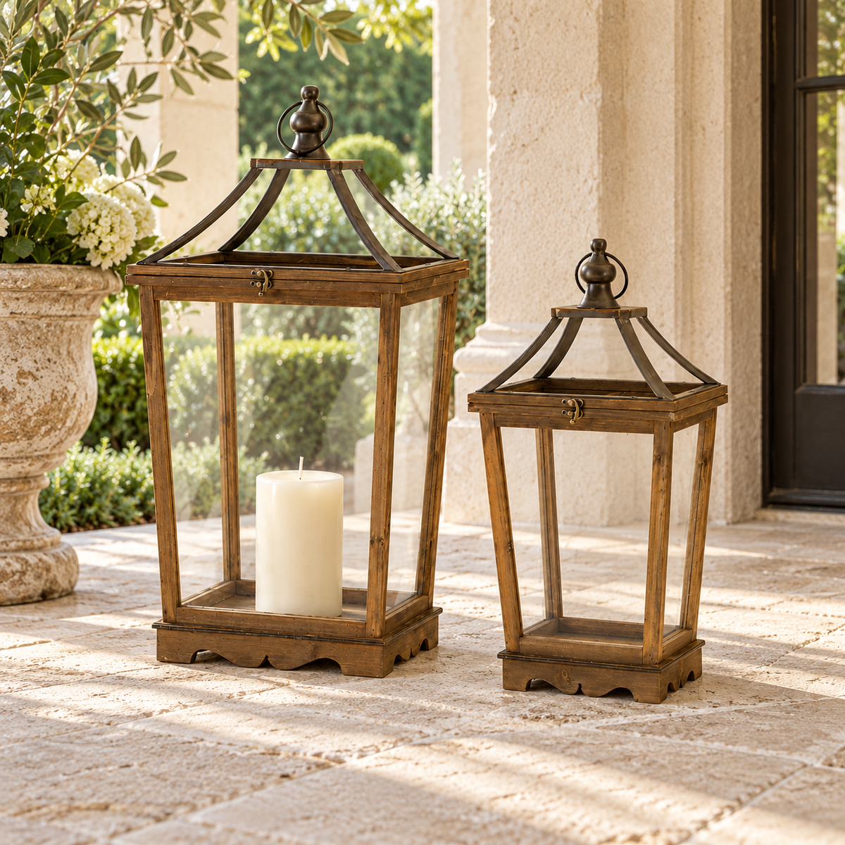 Natural Wooden Lantern with Open Top (Set of 2) in a styled home setting