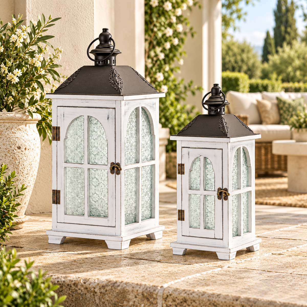 White Wood Lantern with Ornate Frosted Glass (Set of 2) in a styled home setting