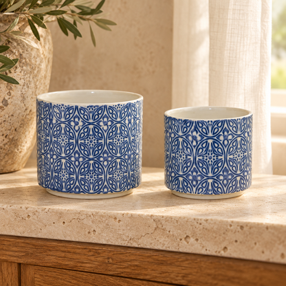 Ornamental Blue and White Ceramic Pot (Set of 2) in a styled home setting
