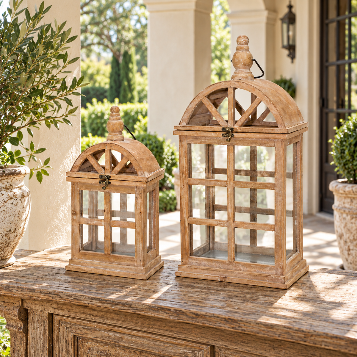 Natural Wooden Lantern with Curved Top (Set of 2) in a styled home setting