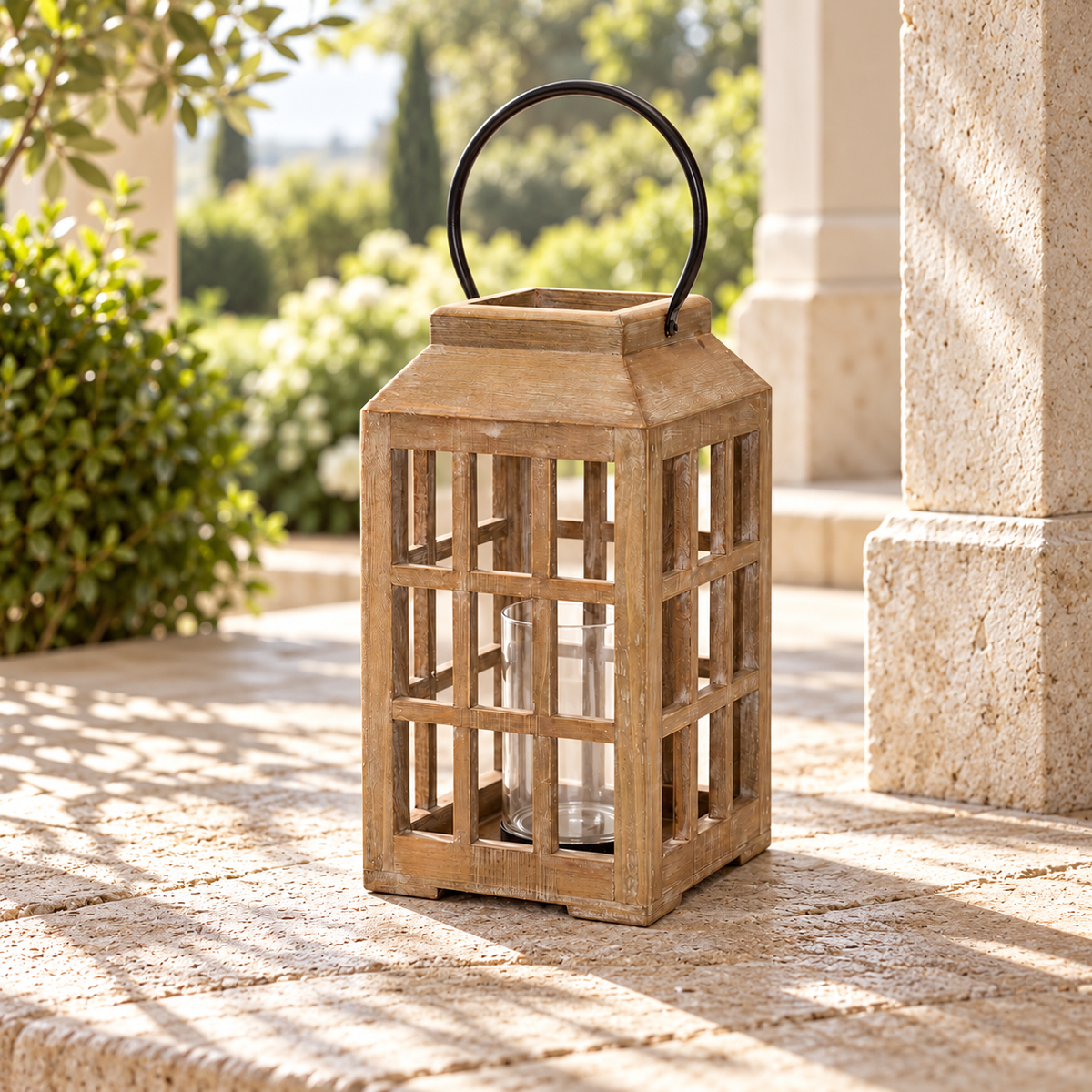 Natural Wooden Lantern with Glass Hurricane in a styled home setting